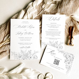 Plantilla de suite de invitación de boda con arte lineal: detalles botánicos y tarjeta de confirmación de asistencia con código Qr con caligrafía elegante, invitación floral rústica, BELLA