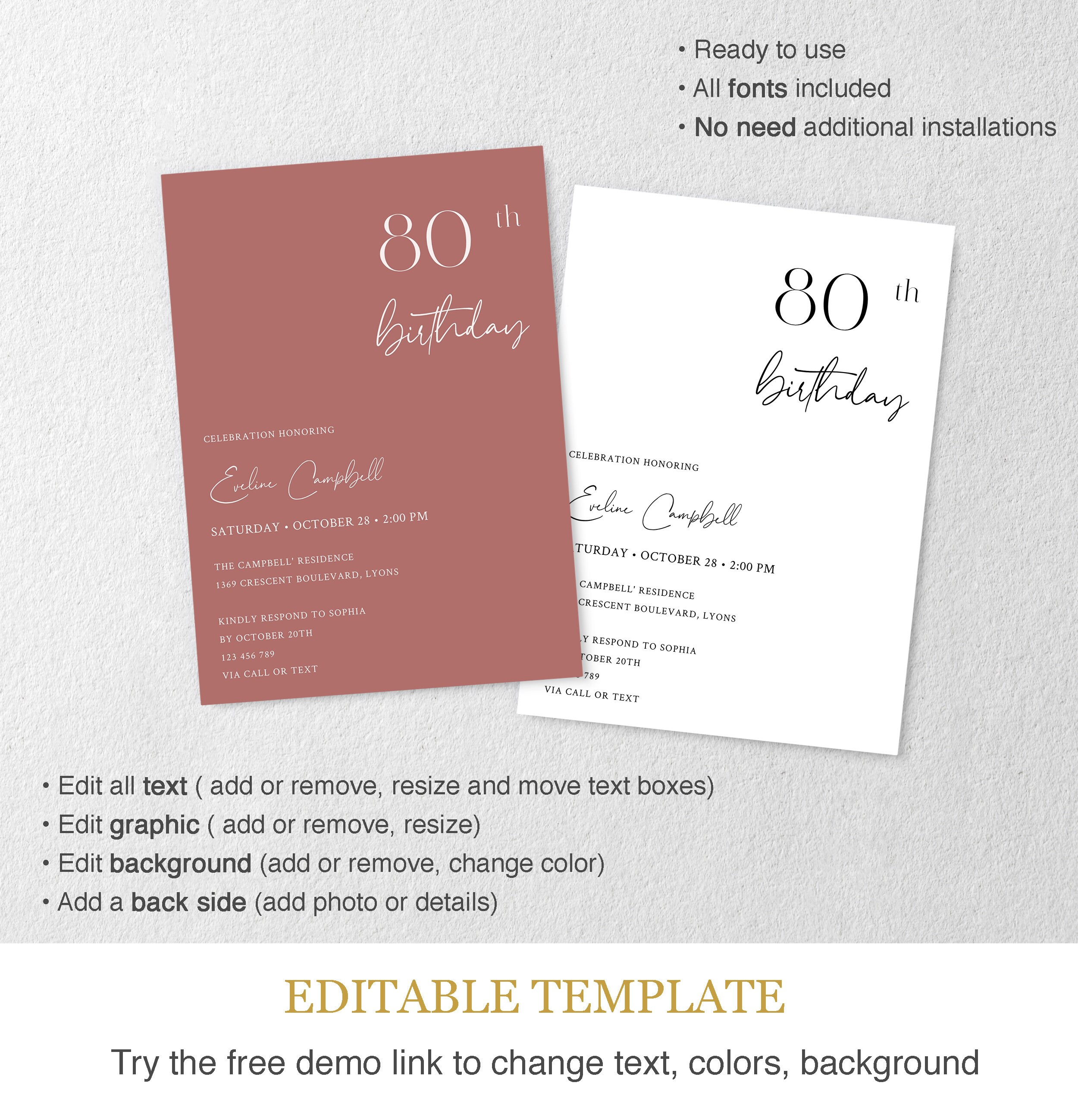 80th Birthday Invitation Template Modern Minimalist Set | Etsy