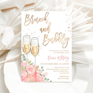Blush Pink Brunch und sprudelnde Brautparty Einladung Vorlage - Printable Champagner Party einladen, Rustikale Blumen editierbare Karte, ZUCKER