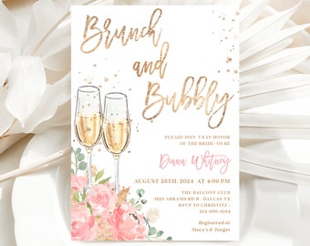 Blush Pink Brunch and Bubbly Bridal Shower Invitation Template - Printable Champagne Party Invite, Rustic Floral Editable Card, SUGAR