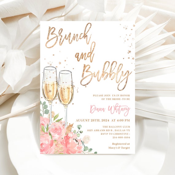 Blush Pink Brunch and Bubbly Bridal Shower Invitation Template - Printable Champagne Party Invite, Rustic Floral Editable Card, SUGAR Il_570xn