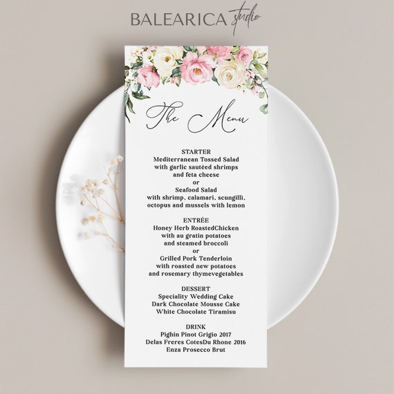 Blush Wedding Menu Cards Template - Dusty Rose Pink Flower Elegant Menu, Rustic Floral Editable and Printable Dinner Menu Card DIY, AURORA Il_570xn
