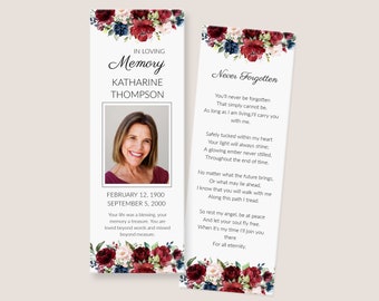 Funeral Bookmark Template - Memorial Bookmark with Red Burgundy and Navy Blue Roses, Editable and Printable Obituary Bookmark, 3389