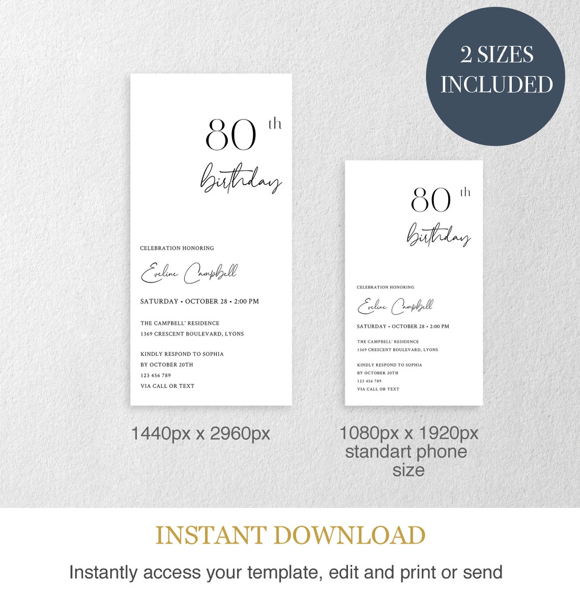 Electronic 80th Birthday Invitation Template for Women or Men | Etsy