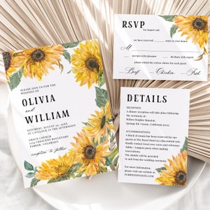 Modello di invito per matrimonio con girasole - Dettagli modificabili e biglietto RSVP Country Barn, set fai da te per inviti per feste in giardino autunnali, SHAE
