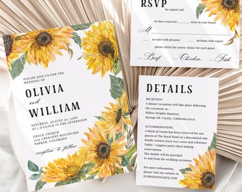 Sunflower Wedding Invitation Suite Template - Country Barn Editable Details and  RSVP Card, Fall Autumn Garden Party Invite Diy Set, SHAE