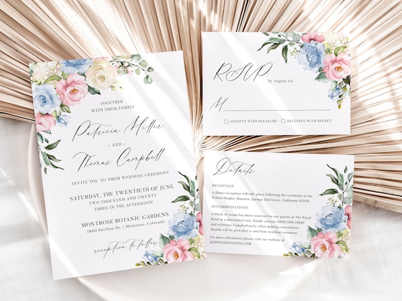 Wedding Invitation Suite Template Dusty Blue and Dusty Pink