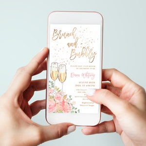 Blush Pink Brunch und sprudelnde Brautparty Einladungsvorlage - Champagner Party Telefon einladen, rustikale digitale Blumenkarte, ZUCKER