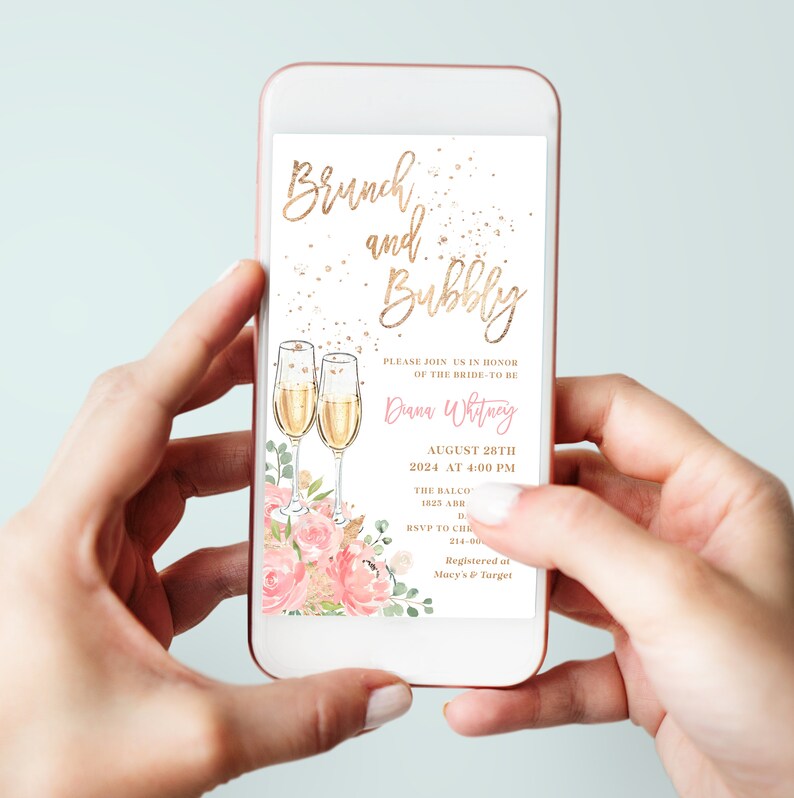 Blush Pink Brunch and Bubbly Bridal Shower Electronic Invitation Template Champagne Party Phone Invite, Rustic Floral Digital Card, SUGAR image 1