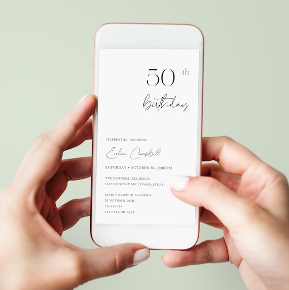 50th Birthday Invitation Template for Women or Men - Electronic Smartphone Invite with Elegant Script, Modern Minimalist Phone Evite, NINA Il_570xn