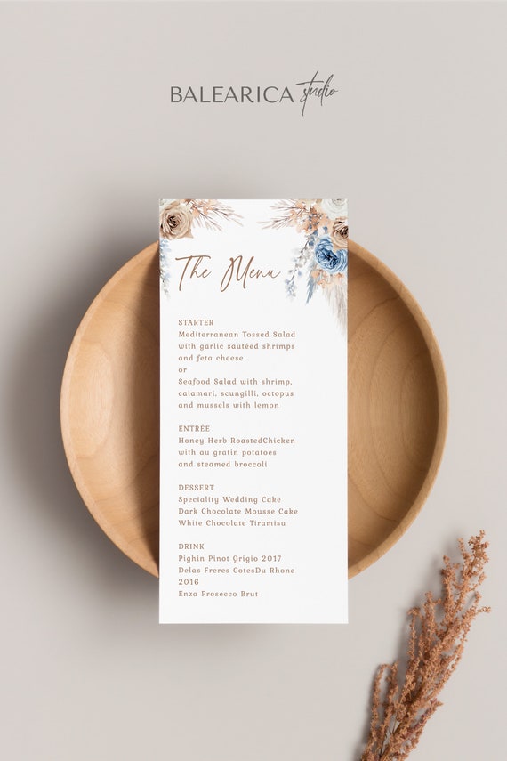 Boho Chic Wedding Menu Cards Printable Template - Bohemian Beige and Dusty Blue Floral Party Menu, Editable Dinner Menu Card, Corjl, SURI Il_570xn