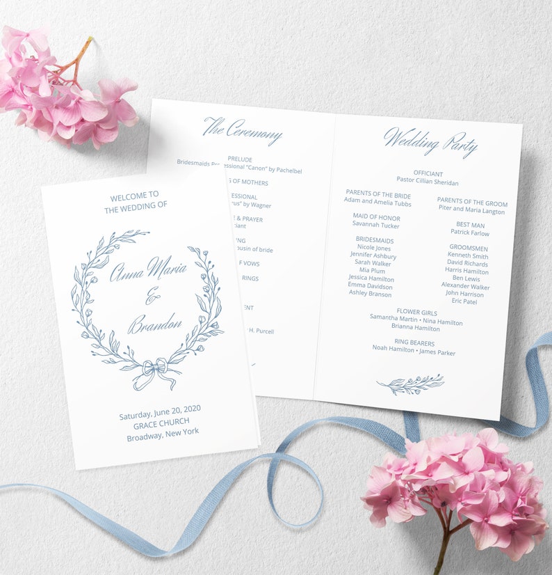 Dusty Blue Wedding Program Template with Wreath Folded Order of Service, Elegant Editable Ceremony Program with Crest Logo, NIKA image 1