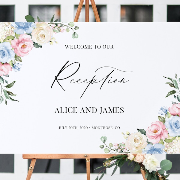 Wedding Reception Welcome Sign - Dusty Blue and Dusty Rose Pink Wedding Signage, Floral Welcome To Our Reception Printable Template, CHLOE