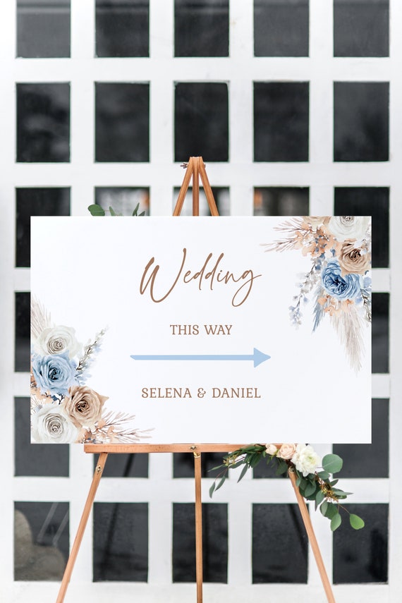 Boho Chic Wedding This Way Sign Template - Bohemian Floral Editable Arrow Sign, Pampas Grass Printable Banner, Direction Sign, Corjl, SURI Il_570xn