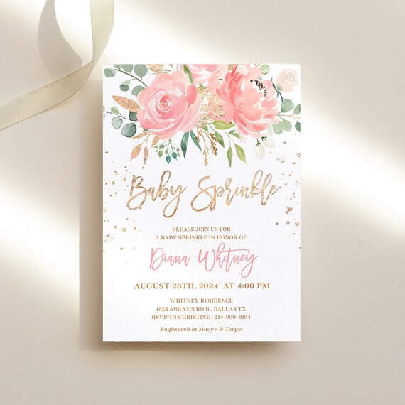 Blush Pink Baby Sprinkle Invitation Template - Sprinkled with Love Invite, Whimsical Flower, Floral Rose Gold Foil Card with Glitter, SUGAR Il_570xn