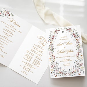 Modelo de programa de cerimônia de casamento com flores silvestres e guirlanda - cartão floral editável com duas dobras, livreto vintage para festa com 4 páginas, SANNA