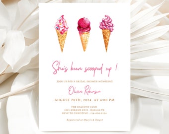 Eiscreme-Brautparty-Einladungsvorlage – Hot Pink Dessert Brunch, She's Been Scooped Up, bearbeitbare Sommer-Hochzeitsparty-Einladung, NYRA
