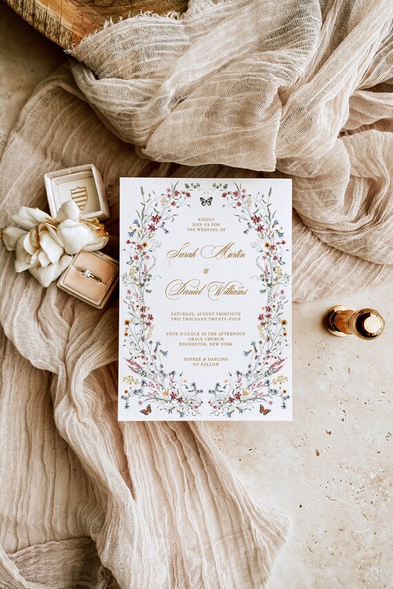 Wildflower wedding invitation template with wreath and butterfly - bohemian editable floral card, vintage secret garden party invite, SANNA Il_570xn