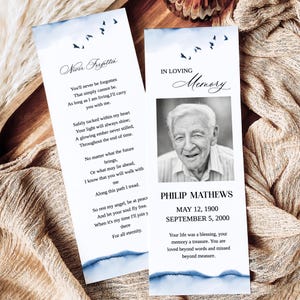 Marineblauwe vogels en waterbegrafenis bladwijzersjabloon - Memorial Keepsake, bewerkbare doodsbrief gunsten, Flying Doves Sea, Ocean Wave, 2202
