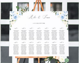 Plantilla de tabla de asientos de boda azul polvoriento - Signo de plan de asientos de mesa floral de fiesta en el jardín editable, tablero de tabla de asientos azul pizarra, ALICE