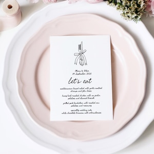 Fantazyjny szablon menu weselnego - edytowalna karta na kolację próbną, styl francuski, ręcznie rysowane sztućce, ilustracja Scribble, dekoracja stołu, LANA