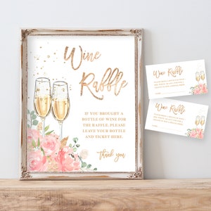 Weinverlosung - Bringen Sie eine Flasche Wein, Brunch und Sektschild & Ticketvorlage, Floral Blush Pink Champagne Glasses Party Decor, SUGAR