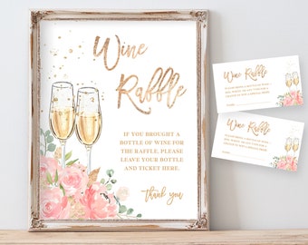 Wine Raffle Game - Bring Bottle of Wine, Brunch and Bubbly Sign & Ticket Template, Floral Blush Pink Champagne Glasses Party Decor, SUGAR