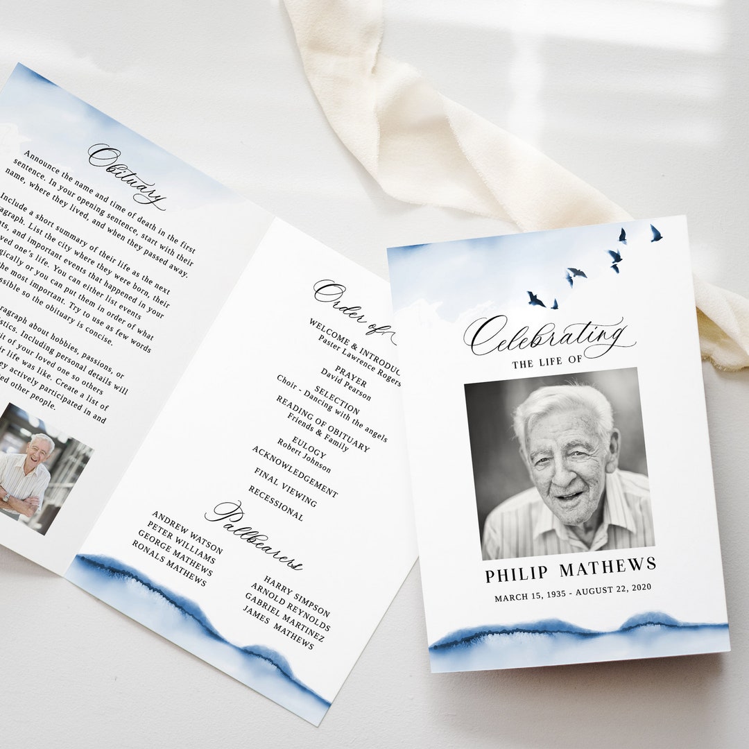 Navy Blue Birds & Water Funeral Program - Flying Doves Sea Memorial ...