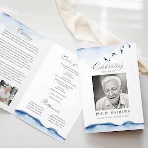 Programa Funeral de Pássaros e Água Azul Marinho - Cartão Memorial do Mar de Pombas Voadoras, Ocean Wave 4 páginas Modelo de obituário duplo para homem ou mulher, 2202