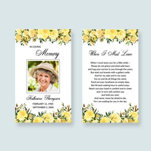 Modèle de carte de prière pour les funérailles - cartes commémoratives modifiables pour une femme avec des roses jaunes, cadeaux funéraires, en mémoire d'amour, carte nécrologique, 3310