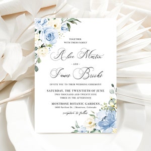 Modèle modifiable de faire-part de mariage rustique - carte de mariage bricolage bleu poussiéreux, invitation de calligraphie florale bleu-vert, garden-party, ALICE