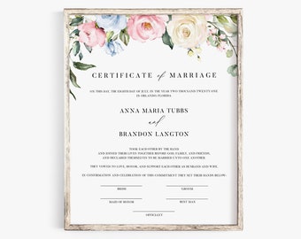 Rustic Marriage Certificate - Handfasting Certificate, Dusty Blue and Rose Pink Wedding Keepsake, Floral Certificate of Marriage Gift, CHLOE