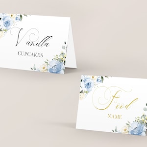 Plantilla imprimible de etiquetas de alimentos: tarjeta de buffet de boda en azul polvoriento con caligrafía elegante, etiquetas de alimentos editables con diseño floral, planas y en forma de carpa, ALICE