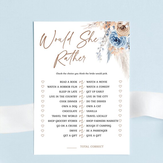 Would She Rather - Boho Chic Bridal Shower Game Template, Bohemian Beige and Dusty Blue Floral Games Printable, Instant Download, SURI Il_570xn