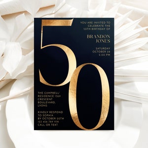 50th Birthday Invitation Template Black and Gold Modern Minimalist Card, Simple Fifty Birthday Invite for Women or Men, 50 Bday, SARA image 1