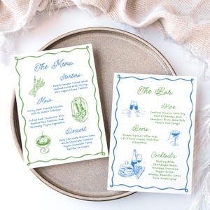 Fantazyjny szablon menu weselnego - edytowalne menu na kolację próbną, menu na przyjęcie w barze z napojami, ręcznie rysowana ilustracja, dekoracja stołu, TARA