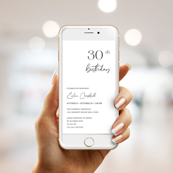 30th Birthday Electronic Invitation Template for Women or Men - Modern Minimalist Elegant Script Phone Evite, Smartphone Invite, Corjl, NINA Il_570xn