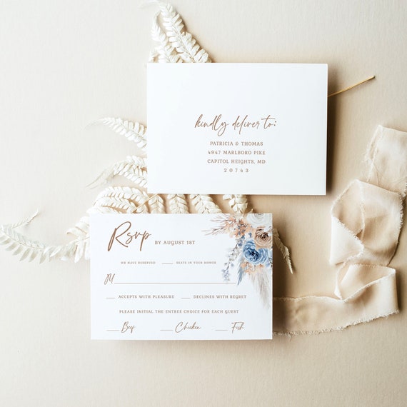 Boho Chic Wedding Rsvp Template - Bohemian Floral Invitation Insert, Beige Blue Printable Enclosure Card, Editable Postcard, Corjl, SURI Il_570xn