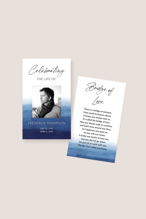 Funeral Prayer Card Template - Funeral Favors, Editable and Printable Memorial Cards for Man, Blue Watercolor Ocean In Loving Memory, 3363 Il_570xn