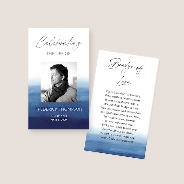 Funeral Prayer Card Template - Funeral Favors, Editable and Printable Memorial Cards for Man, Blue Watercolor Ocean In Loving Memory, 3363