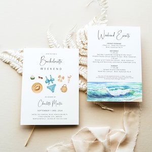 Beach Bachelorette Invitation Template Tropical Ocean Weekend Itinerary Schedule, Pool Hen Party Printable Card, Editable in Corjl, MIA 画像 1