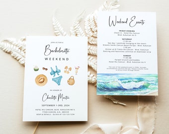 Beach Bachelorette Invitation Template - Tropical Ocean Weekend Itinerary Schedule, Pool Hen Party Printable Card, Editable in Corjl, MIA