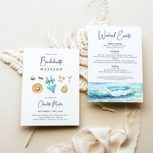 Beach Bachelorette Invitation Template - Tropical Ocean Weekend Itinerary Schedule, Pool Hen Party Printable Card, Editable in Corjl, MIA