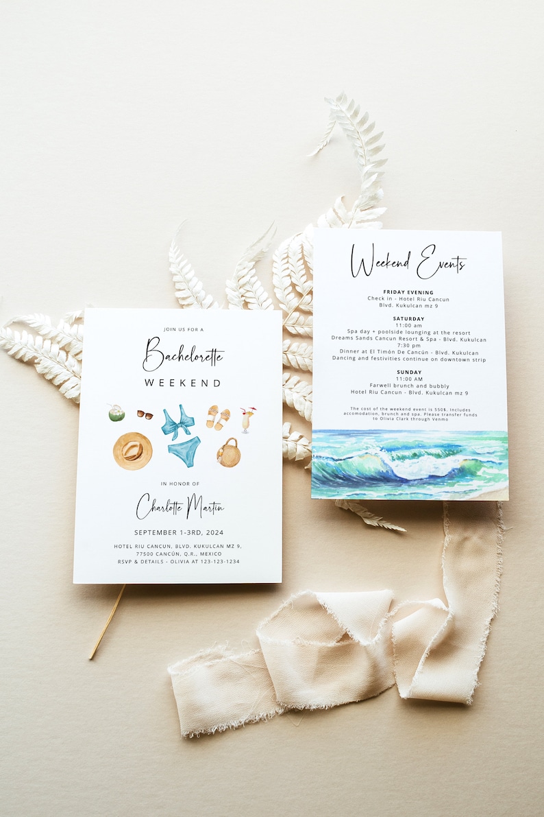 Beach Bachelorette Invitation Template Tropical Ocean Weekend Itinerary Schedule, Pool Hen Party Printable Card, Editable in Corjl, MIA 画像 1