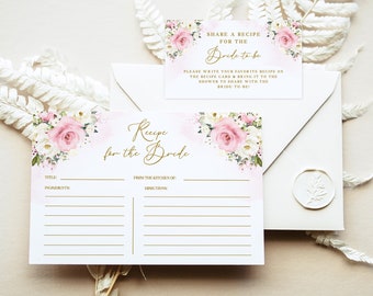 Editable Recipe Card Template - Bridal Shower Insert, Diy Recipe Request Ticket, Blush Tea Party, Dusty Rose Pink and Ivory Par-Tea, AURORA