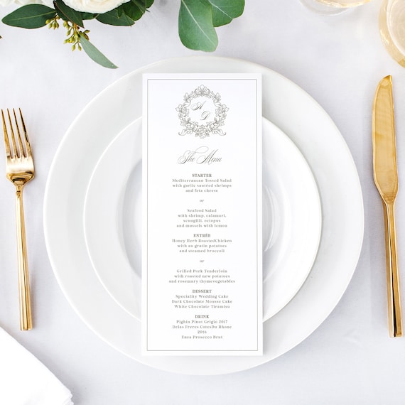 Monogram Wedding Menu Card Template with Victorian Wreath - Classic Crest Dinner Menu Long, Vintage Wedding Logo Menu Printable, Corjl, MINA Il_570xn