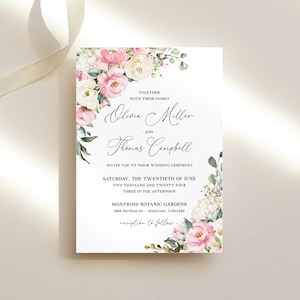 ブラッシュピンクの結婚式招待状テンプレート - ソフトピンクとクリーム色のバラのカリグラフィー招待状、ガーデンパーティー、編集可能なダスティローズDIYカード、FLEUR