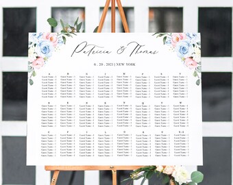 Wedding Seating Chart Template - Rustic Floral Sign Dusty Blue and Dusty Rose Pink, Wedding Seat Chart Alphabetical, Digital Download, CHLOE