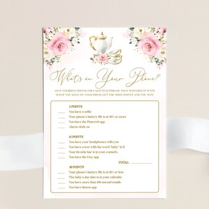 What on Your Phone Game Printable Template - Girl Baby Shower Games, Tea Party Activity Card, Dusty Rose Pink Editable Card, AURORA