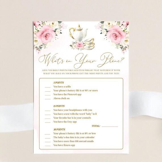 Whats on Your Phone Game Printable Template - Girl Baby Shower Games, Tea Party Activity Card, Dusty Rose Pink What's in Your Phone, AURORA Il_570xn